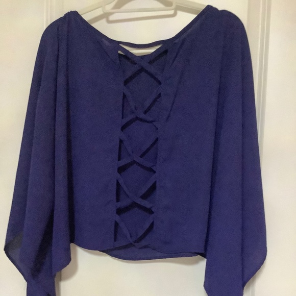 Deep Blue X Back Butterfly Sleeve Top - Picture 2 of 2